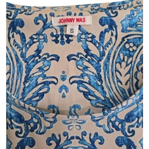 Johnny Was Blue and White Mini Dress Damask Print With Tropical Flowers Small - Picture 2 of 6